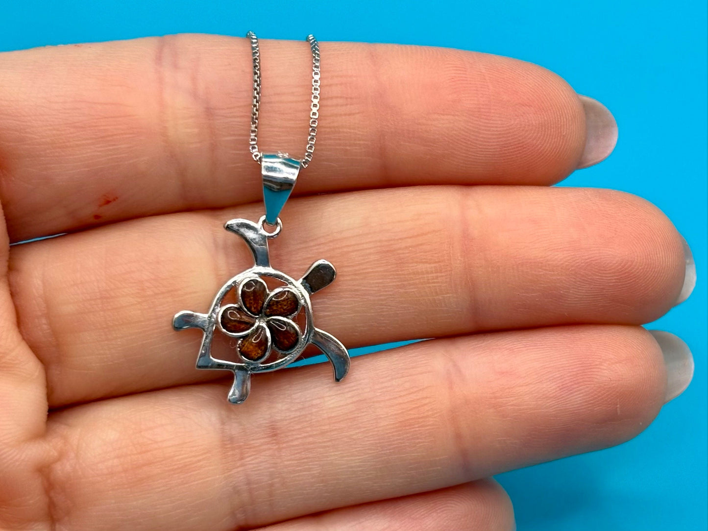 Hawaiian Turtle Necklace 925 Sterling Silver KOA WOOD Necklace Plumeria Flower Necklace With Chain Birthday Gift for Her Gift for Mom
