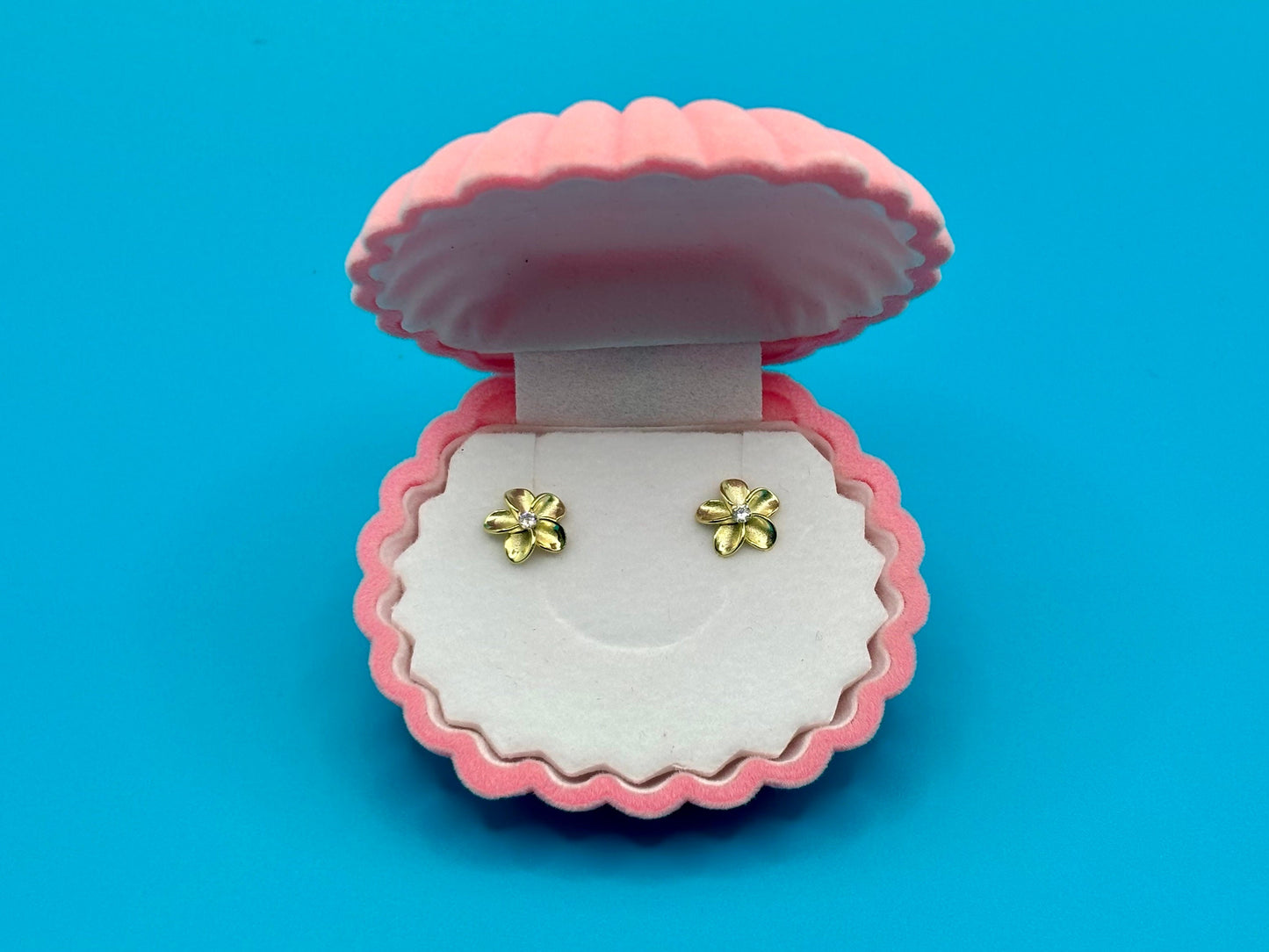 Hawaiian 925 Sterling Silver 14k Gold Plated Plumeria Stud Earrings Cute Gift for Wife Flower Mom Girlfriend sister Stone shiny CZ