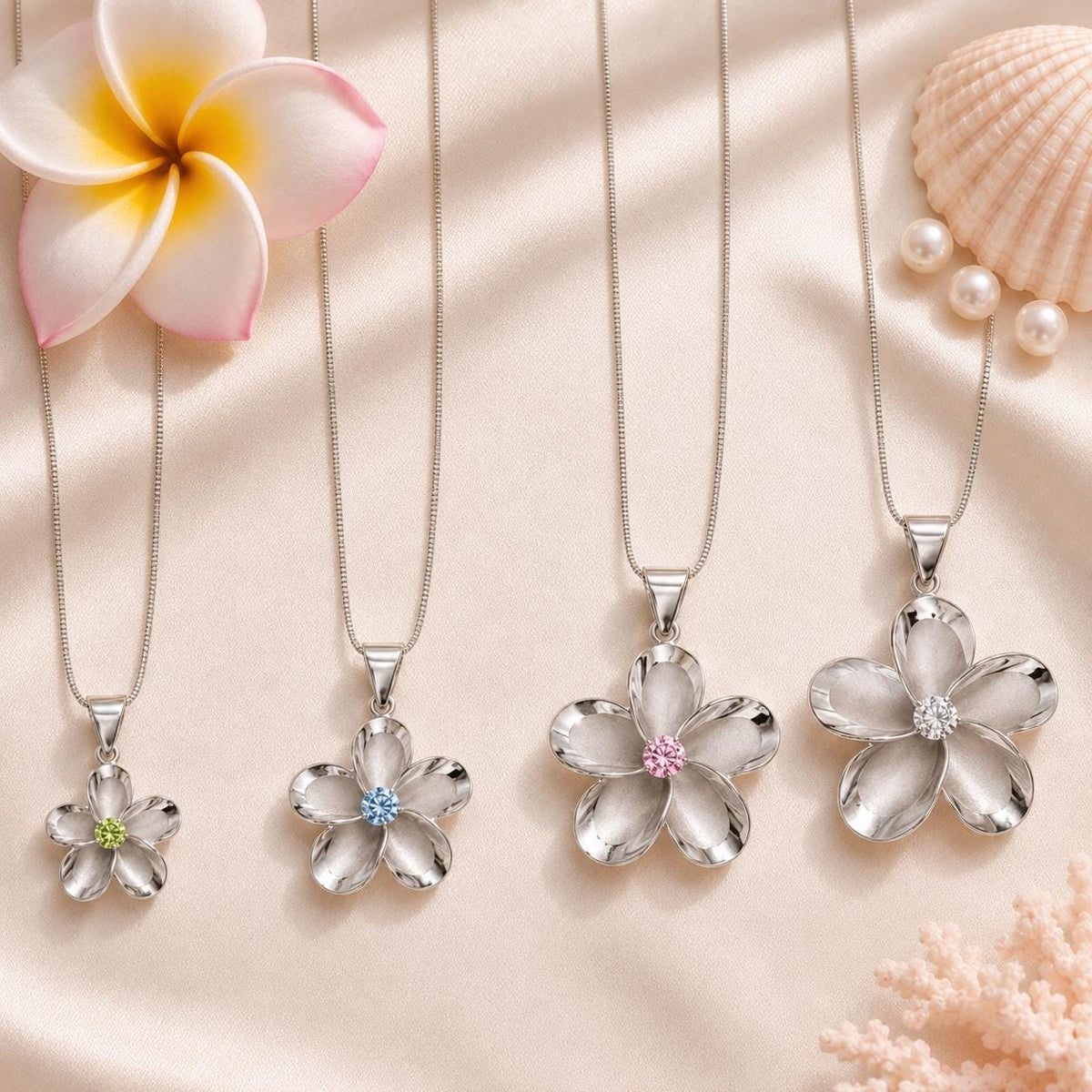 Plumeria Flower Necklace, Pink Cubic Zirconia, 925 Sterling Silver
