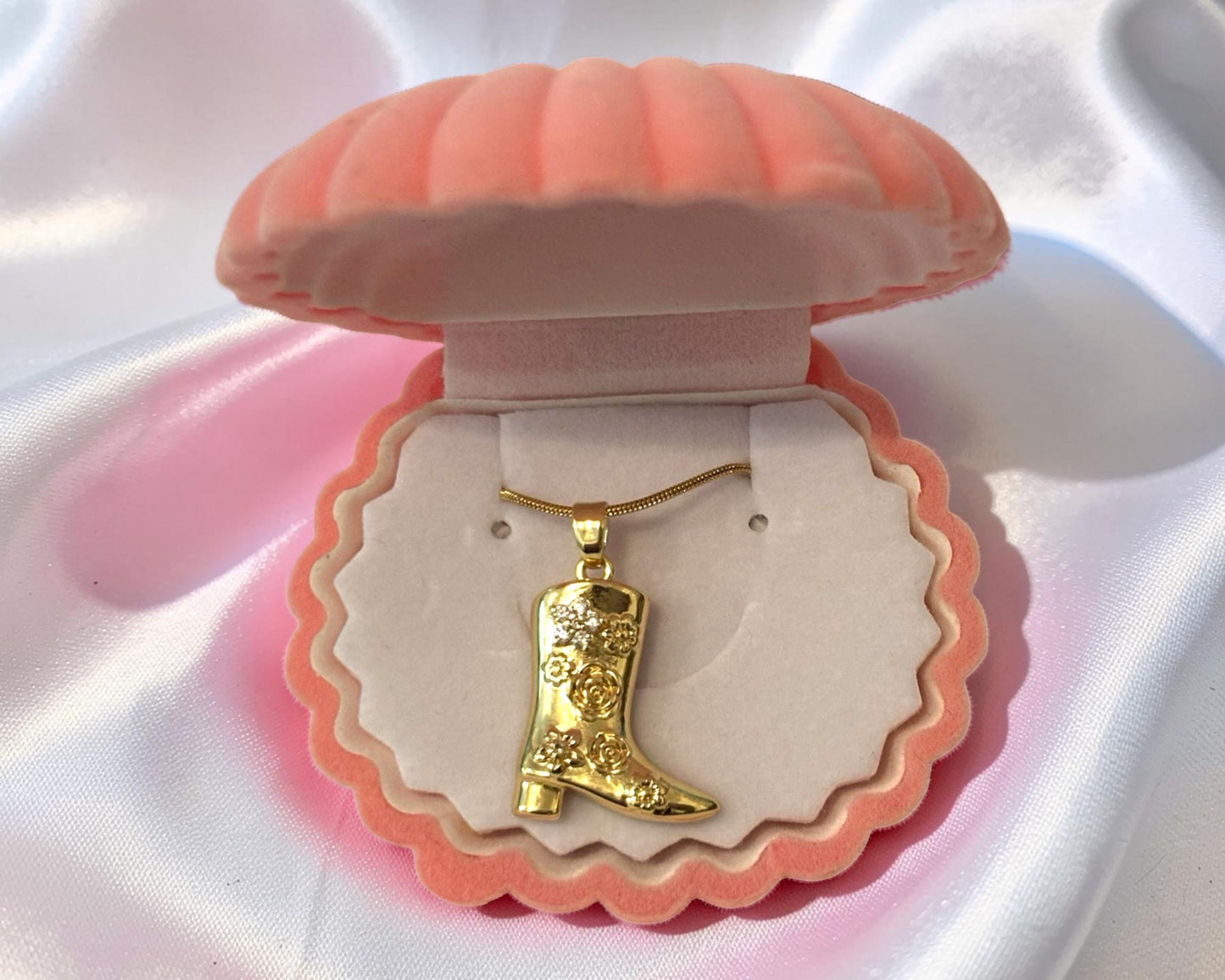 Floral Cowboy Boot Necklace – Gold Plated Stainless Steel With Sparkling Cubic Zirconia