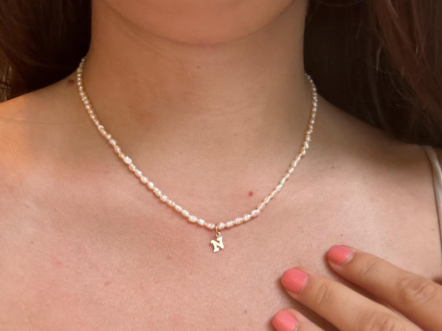First Letter Necklace Genuine Freshwater White Pearl Necklace Name Necklace Gift for Girlfriend Gold Filled Tarnish Free Dainty Gift For Her