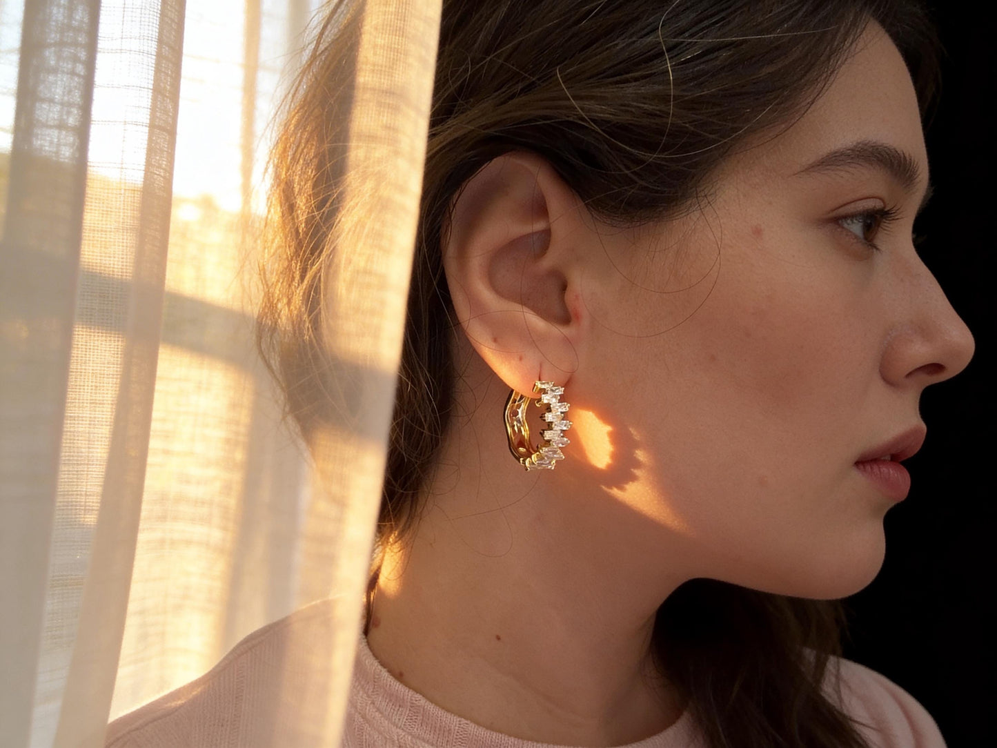 Dainty Hoop Earrings – 14K Gold Plated Cubic Zirconia Sparkling Hoops Gift