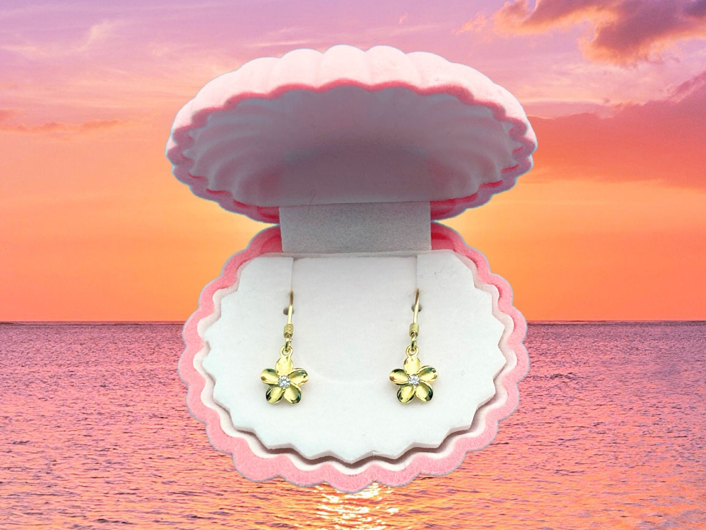 Hawaiian 925 Sterling Silver 14k Gold Plated Plumeria Hanging Earrings Cute Gift for Wife Flower Mom Girlfriend sister Stone shiny CZ