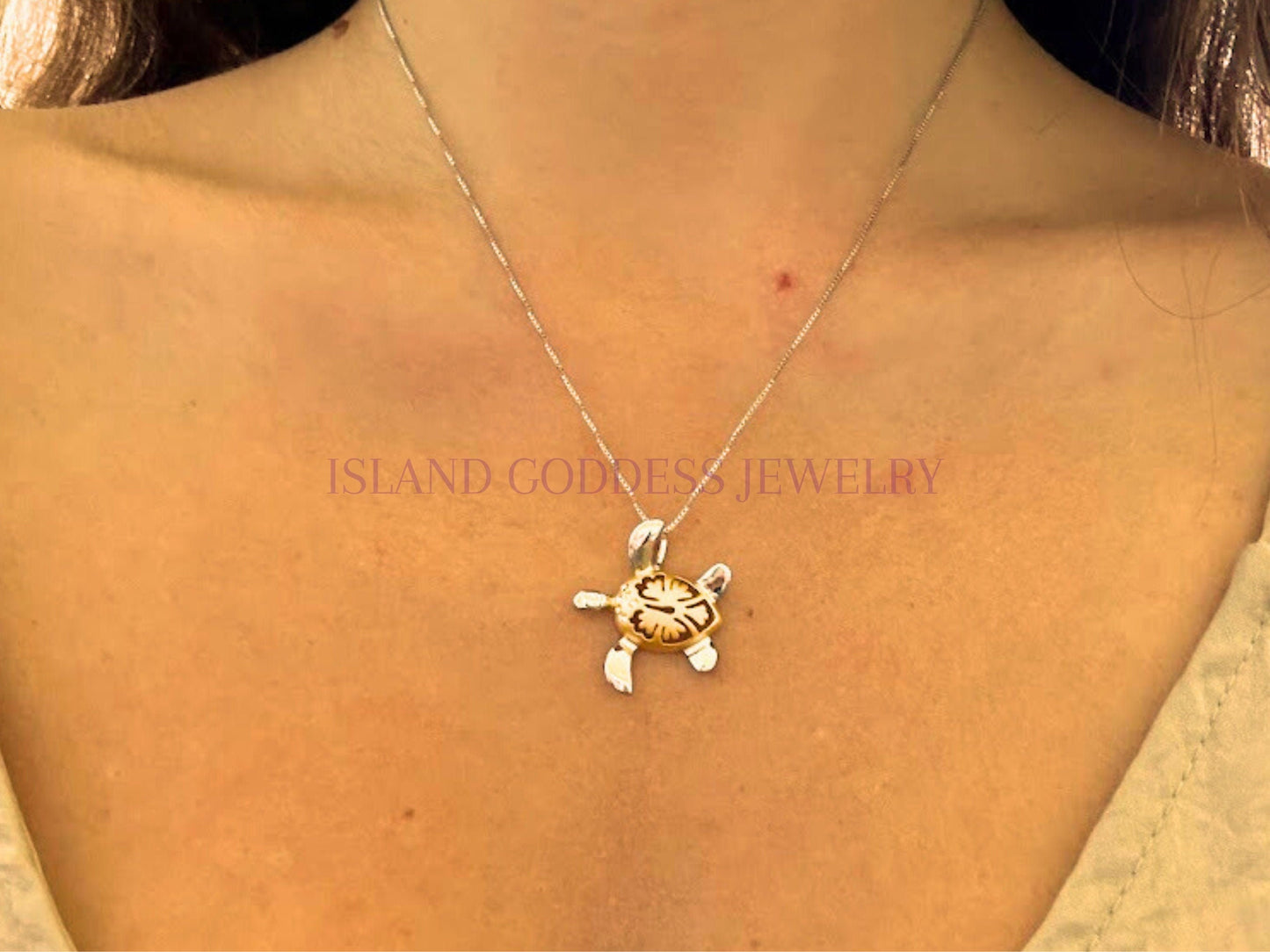 Hawaiian Turtle Necklace, Hibiscus Necklace,14K Gold-Plated 925 Sterling Silver Tarnish Free Sparkly Flower Necklace with Chain Gift for Her