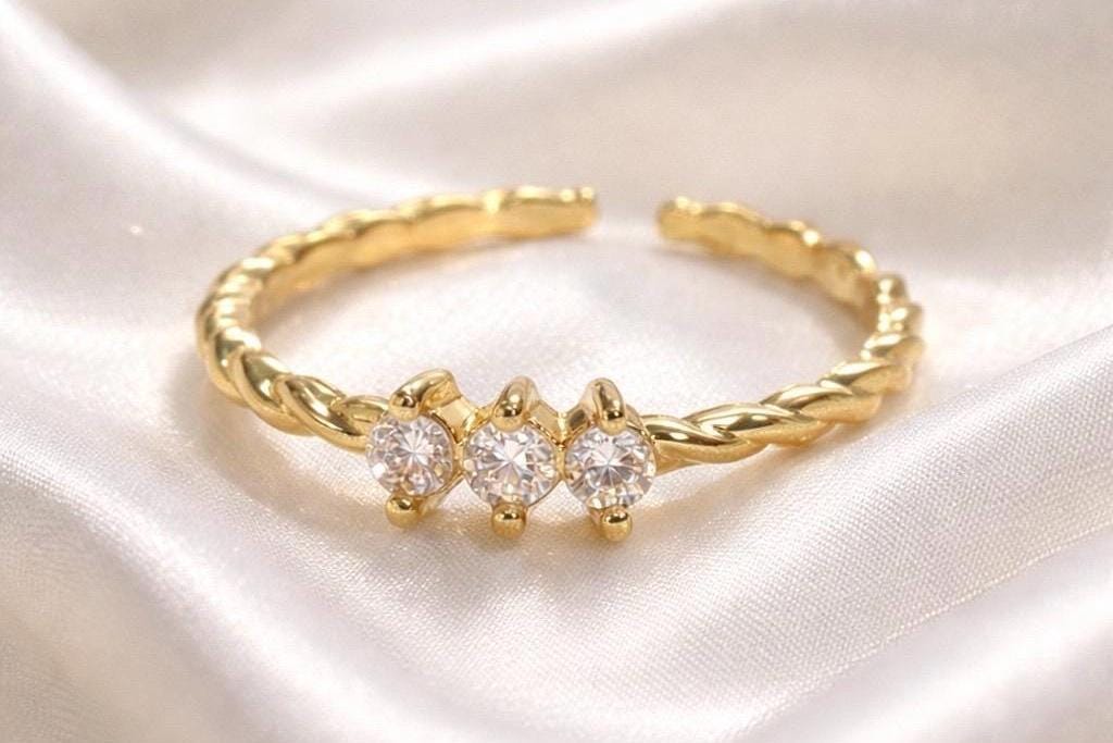 Adjustable Stackable Ring – Stainless Steel 3 Stone Band with Sparkling Cubic Zirconia