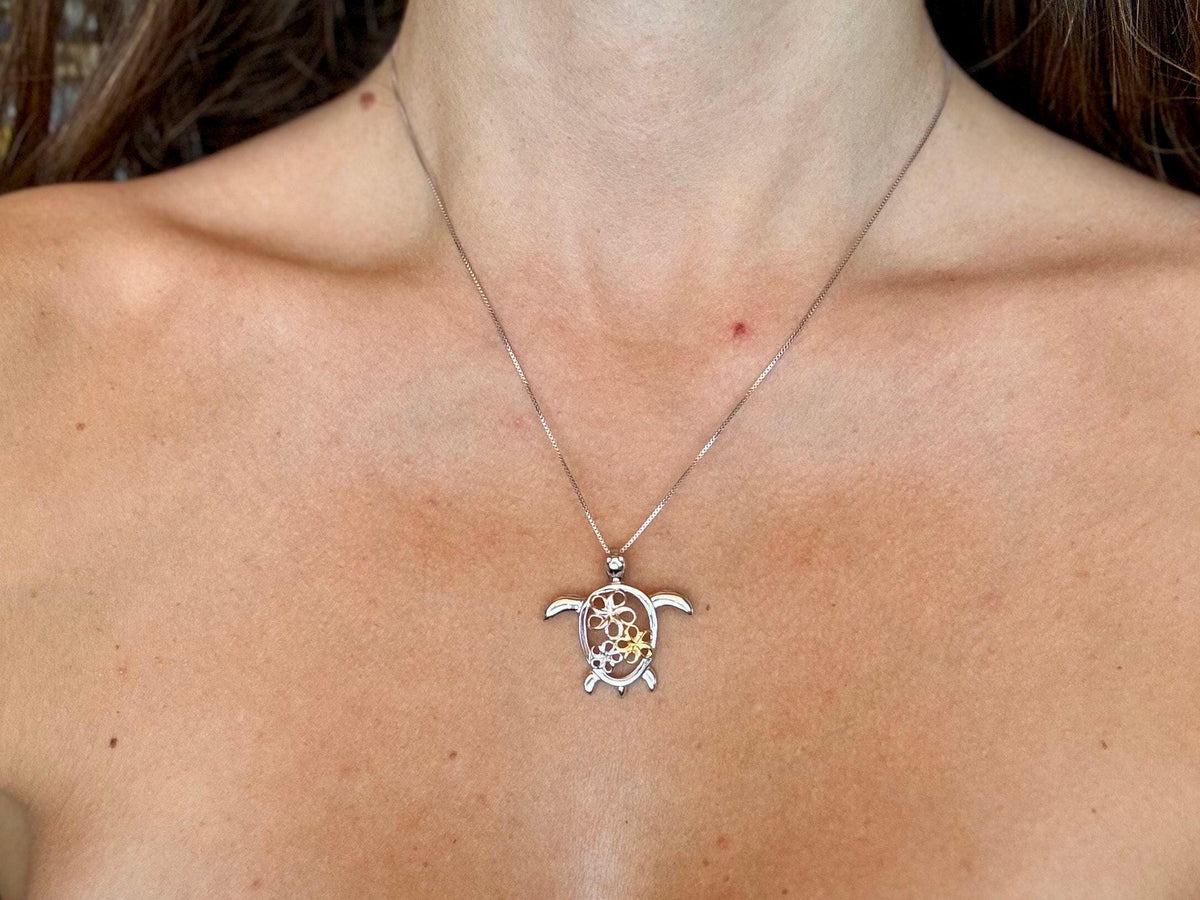 Hawaiian Turtle Necklace, 3-Color Plumeria Honu, 925 Silver Gifts, gift for her, grandma necklace, mothers day – handmade Hawaiian jewelry, Island Goddess Jewelry