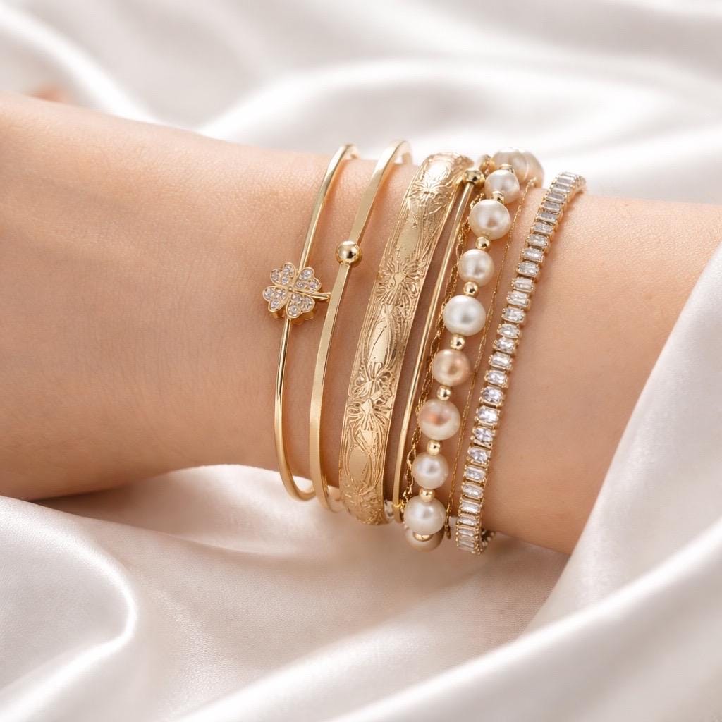 Four Leaf Clover Bracelet – Adjustable Gold Plated Stackable Jewelry With Cubic Zirconia