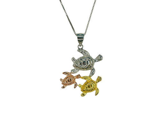 Hawaiian Turtle Necklace – Sterling Silver Family Pendant With Gold Rose Chain