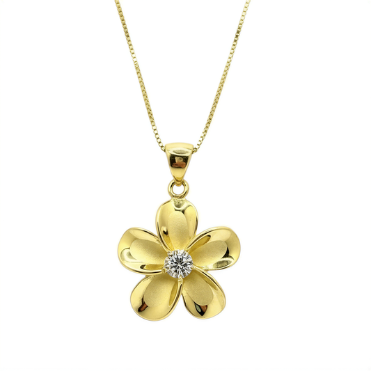 Plumeria Flower Necklace – Sterling Silver Chain With Gold Plated Hawaiian Pendant – handmade Hawaiian jewelry, Island Goddess Jewelry
