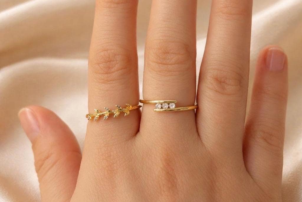 14K Gold Plated Ring – Adjustable Stainless Steel Ivy Band with Cubic Zirconia Sparkle