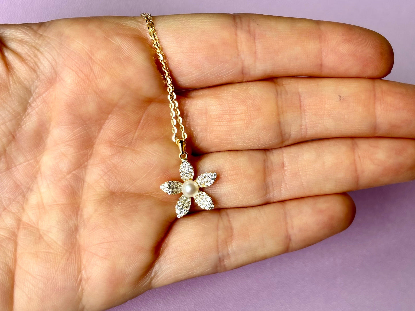 Hawaiian Plumeria Genuine Pearl Flower Necklace w chain 925 Sterling Silver 14K Gold Plated Cute Romantic Gift for her Tarnish Free CZ Stone
