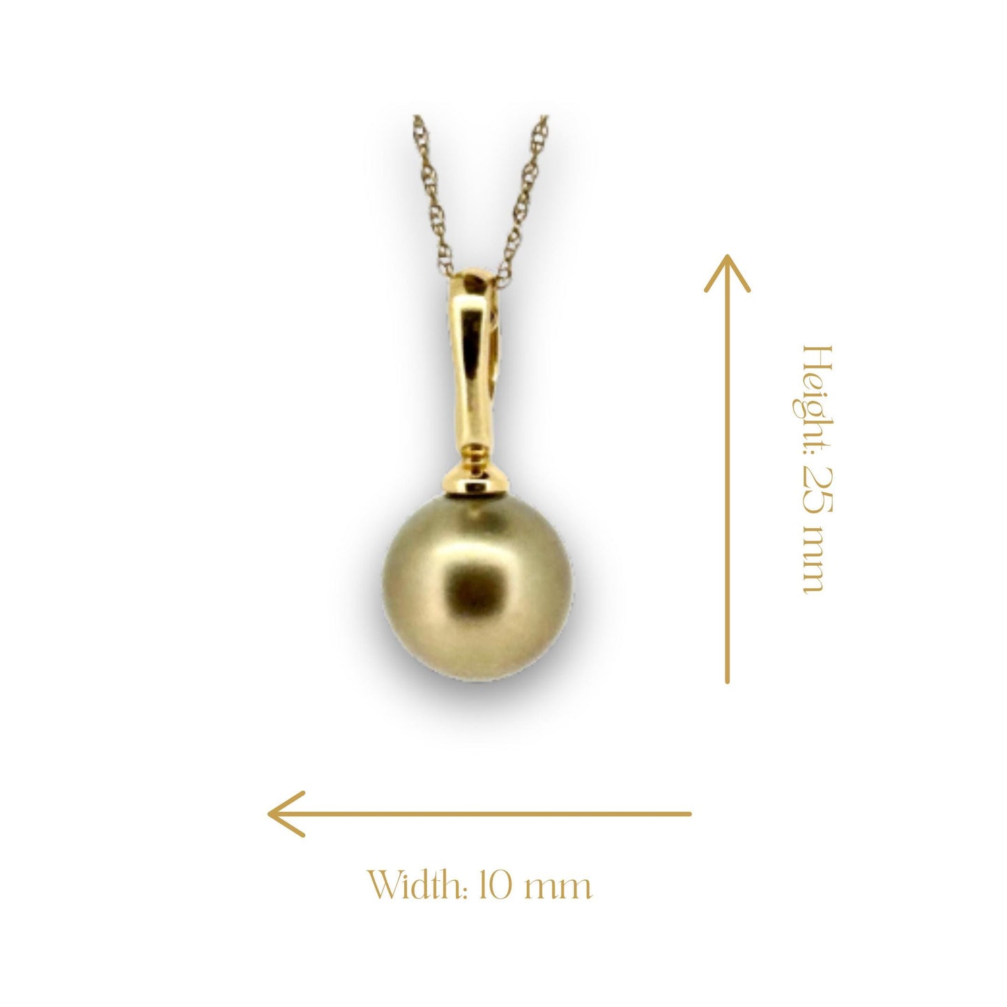 a yellow pearl pendant with a gold chain on a white background