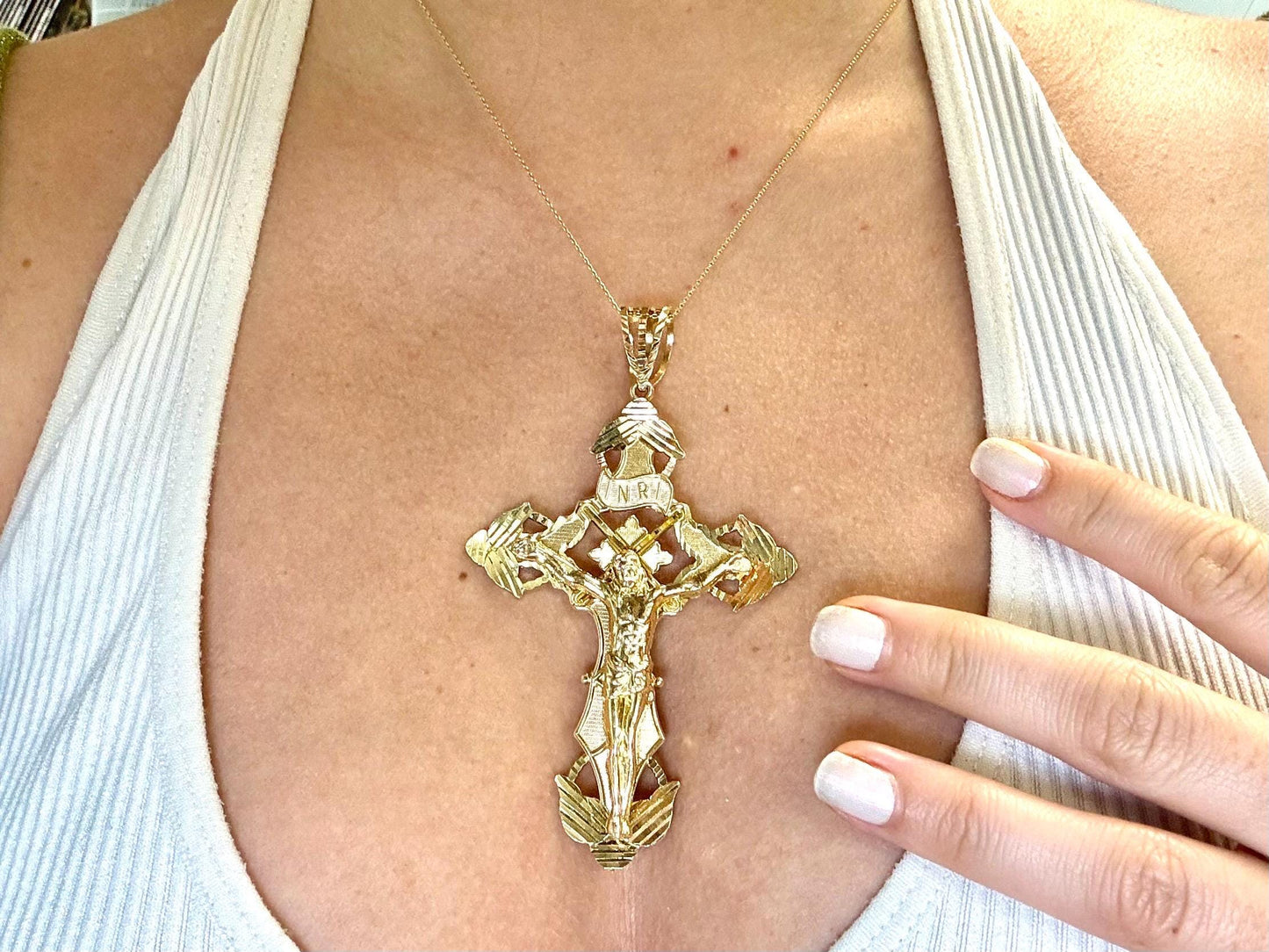 14K Solid Yellow Gold Cross Necklace Jesus Christ Pendant Giant Elegant Christian Gift for her Chritian Gift for Wife Christmas Gift