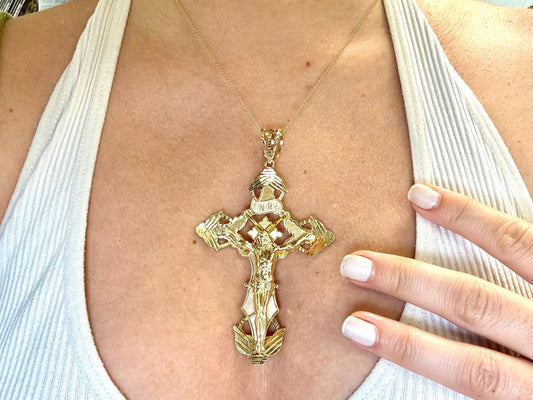 14K Solid Yellow Gold Cross Necklace Jesus Christ Pendant Giant Elegant Christian Gift for her Chritian Gift for Wife Christmas Gift