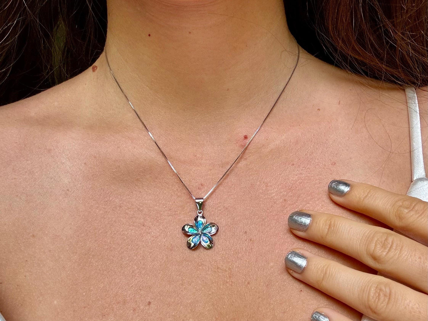 Hawaiian Plumeria Flower Necklace 925 Sterling Silver Tarnish Free Blue Opal Necklace with Chain Gift for Her Birthday Gift for Girlfriend