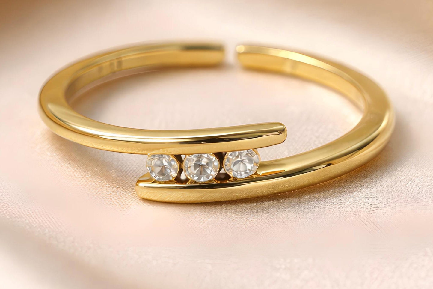 3 Stone Ring – Adjustable Gold Plated Stackable Ring With Cubic Zirconia