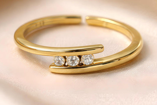 3 Stone Ring – Adjustable Gold Plated Stackable Ring With Cubic Zirconia