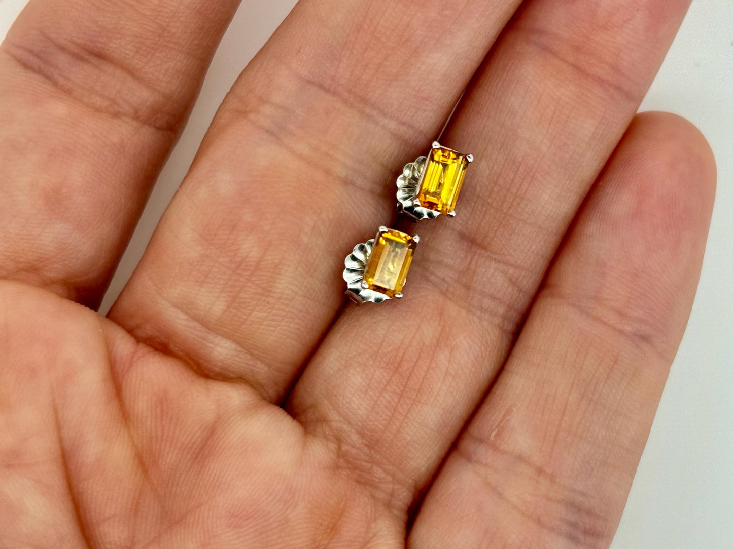 14K White Gold Citrine Stud Earrings, Yellow Gemstones November Birthstone Jewelry Gift for her birthday, Abundance Stone Earrings