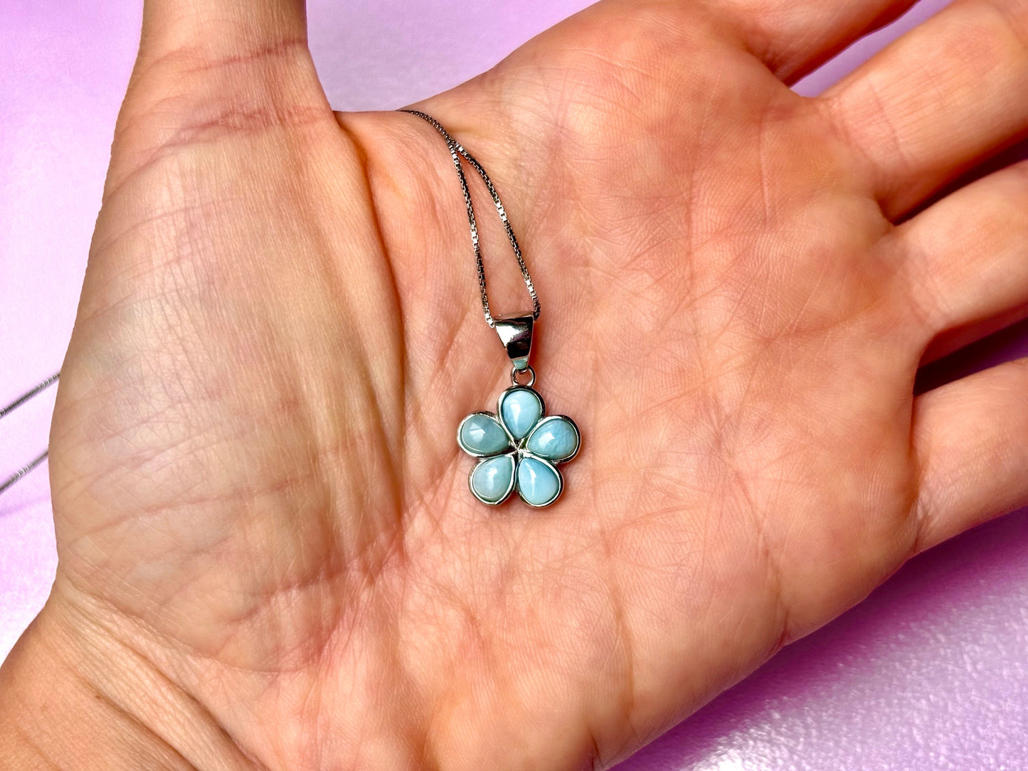 Hawaiian Plumeria Flower 925 Sterling Silver Tarnish Free blue Larimar ocean Necklace and chain Gift Wife daugther Mom Girlfriend sister