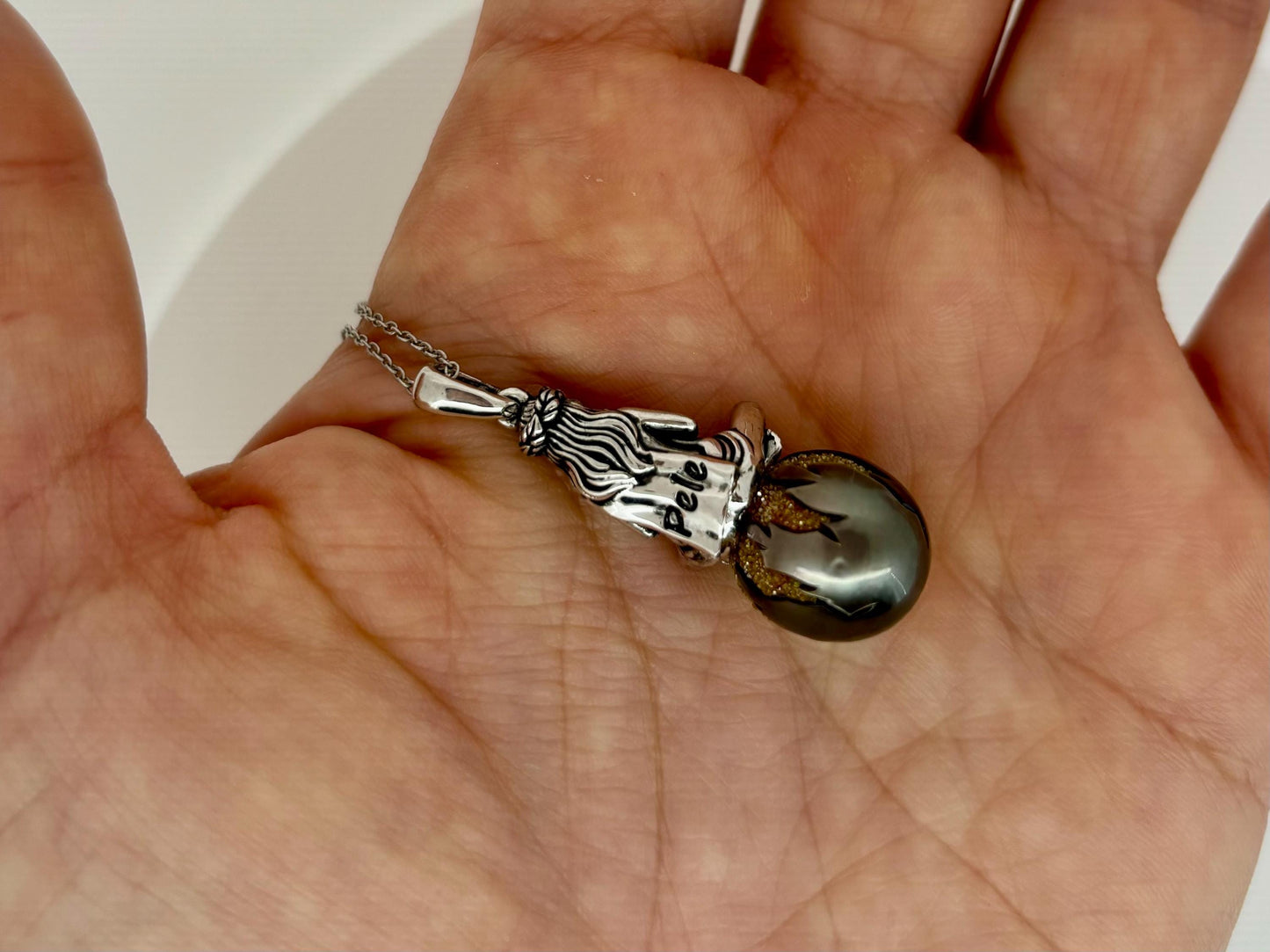 Tahitian Pearl Necklace With Chain 925 Sterling Silver Pele Necklace Volcano Goddess of Hawaii with Yellow Diamonds Birthday Gift for Her