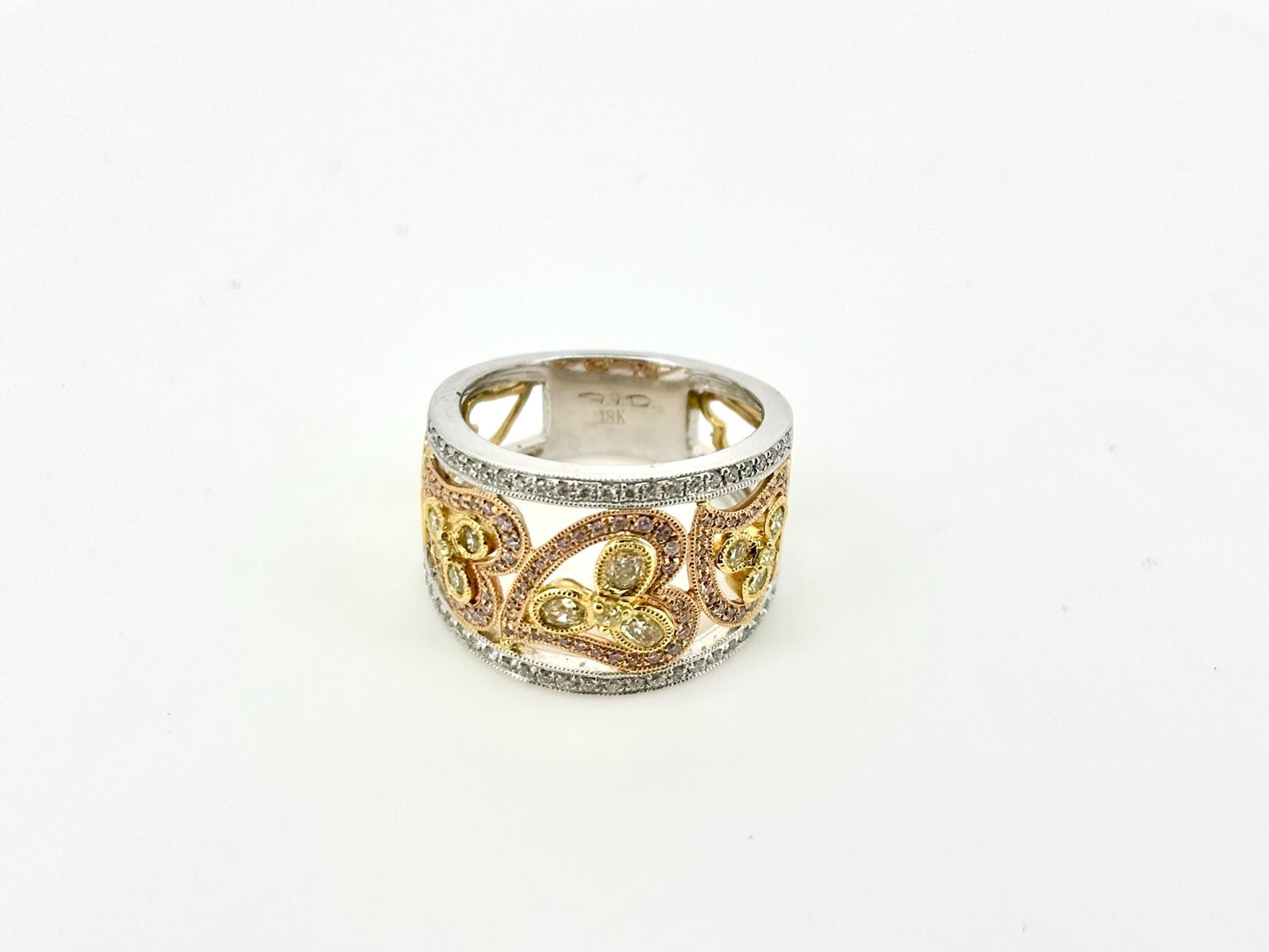 18K Solid Gold Heart Ring with Yellow and White Diamonds