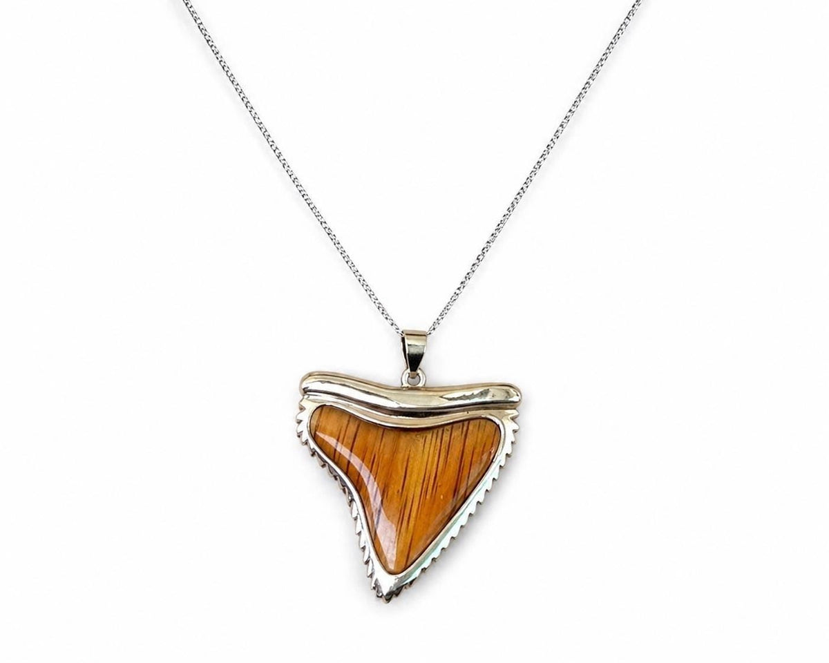 Shark Tooth Necklace, Hawaii Koa Wood, Rhodium Silver Pendant Set, gift, nontarnish, sharklover – handmade Hawaiian jewelry, Island Goddess Jewelry