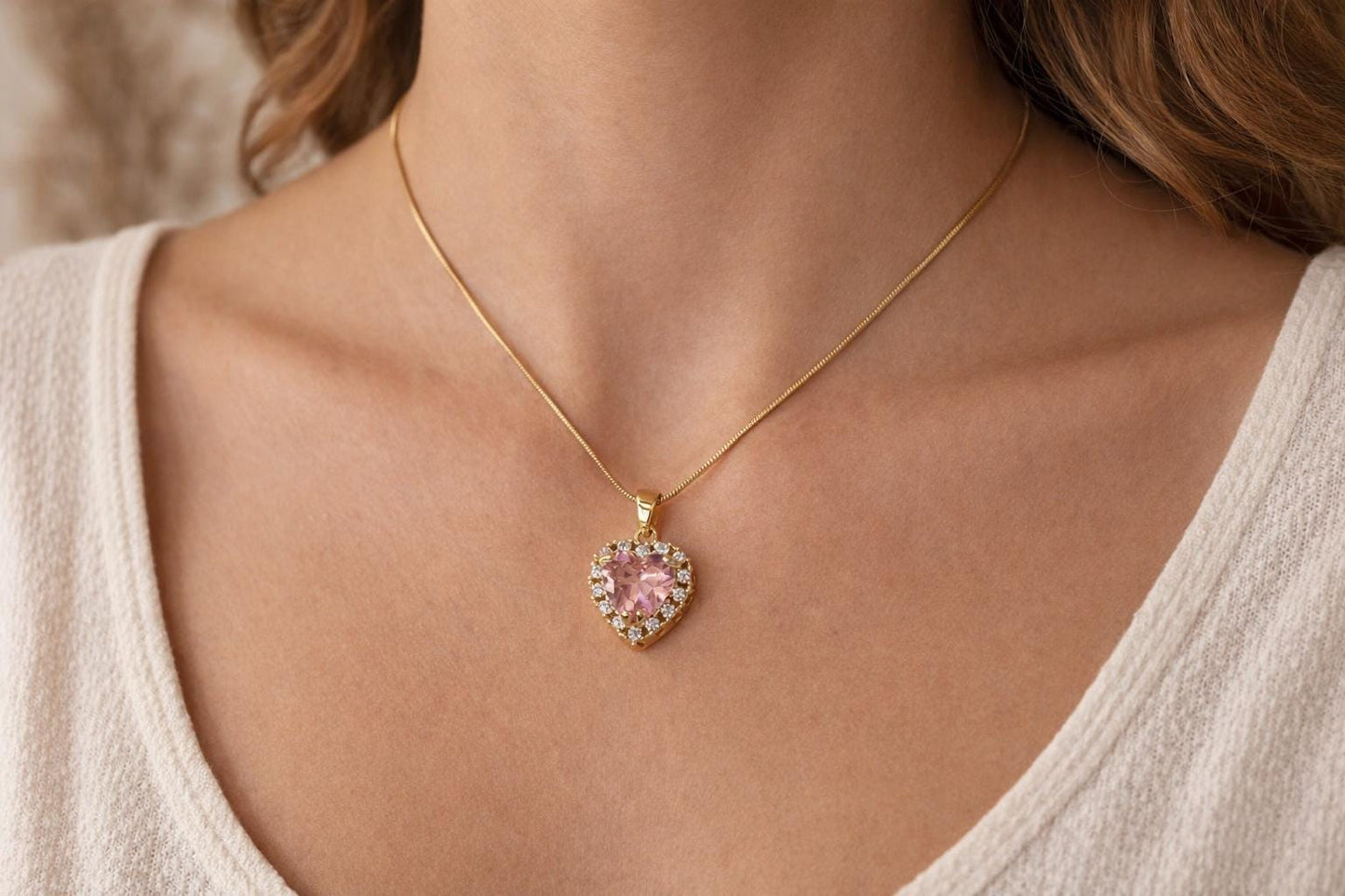 Pink Heart Necklace – Adjustable Chain Necklace With Cubic Zirconia Pendant Gift For Her