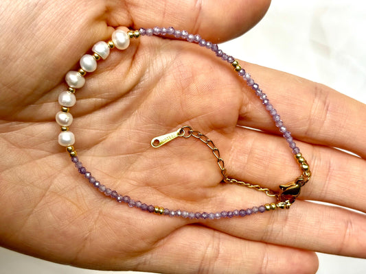 Amethyst Genuine Natural Freshwater White Pearl Waterproof Bracelet, Adjustable Gold Stainless Steel Elegant Gift for Girlfriend Sister Wife