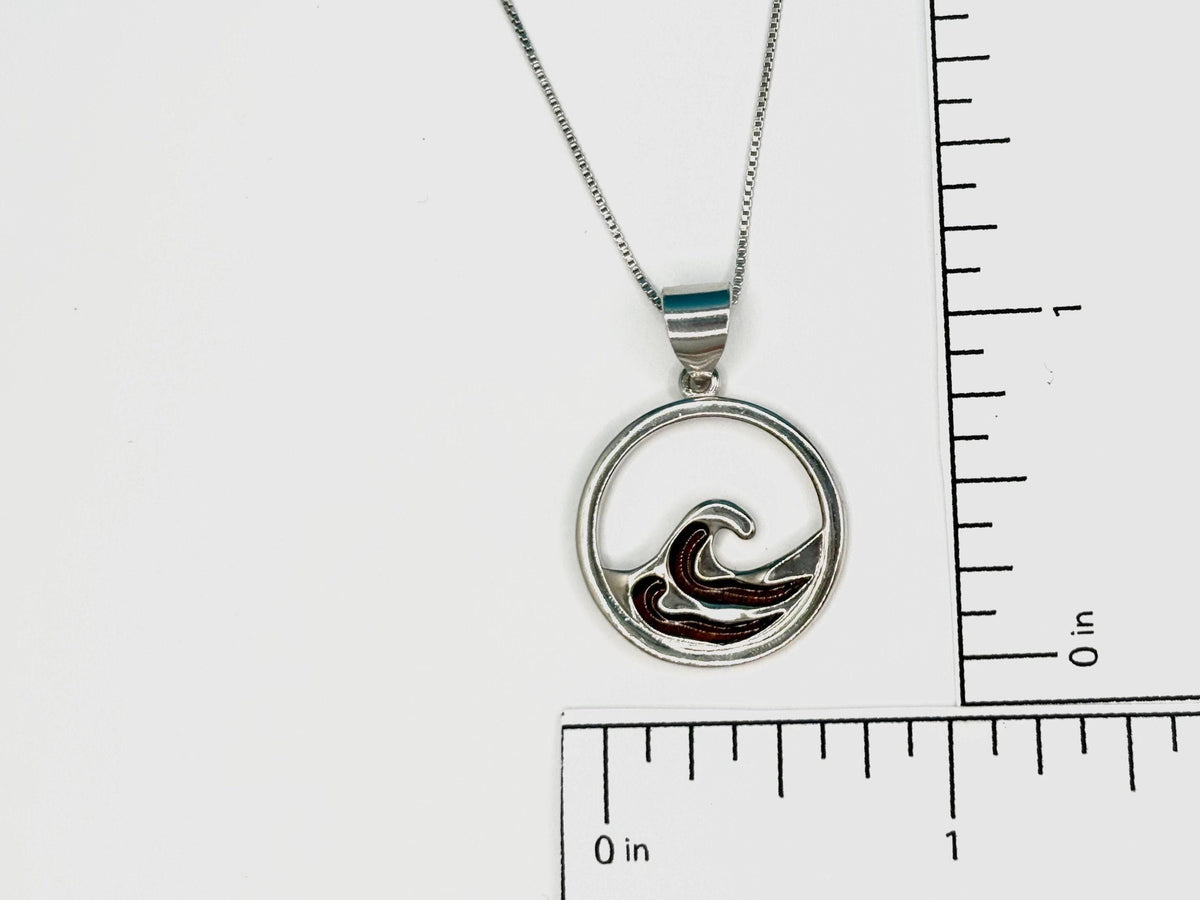Koa Wood Wave Necklace, Sterling Silver Hawaii Ocean Gift For Her, nontarnish, round, surfer – handmade Hawaiian jewelry, Island Goddess Jewelry