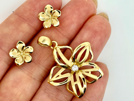 14K Solid Gold Plumeria Aloha Pendant Flower Pendant Necklace Gold Pendant Birthday Gift for her Gift for Mom Flower Necklace Aloha Set