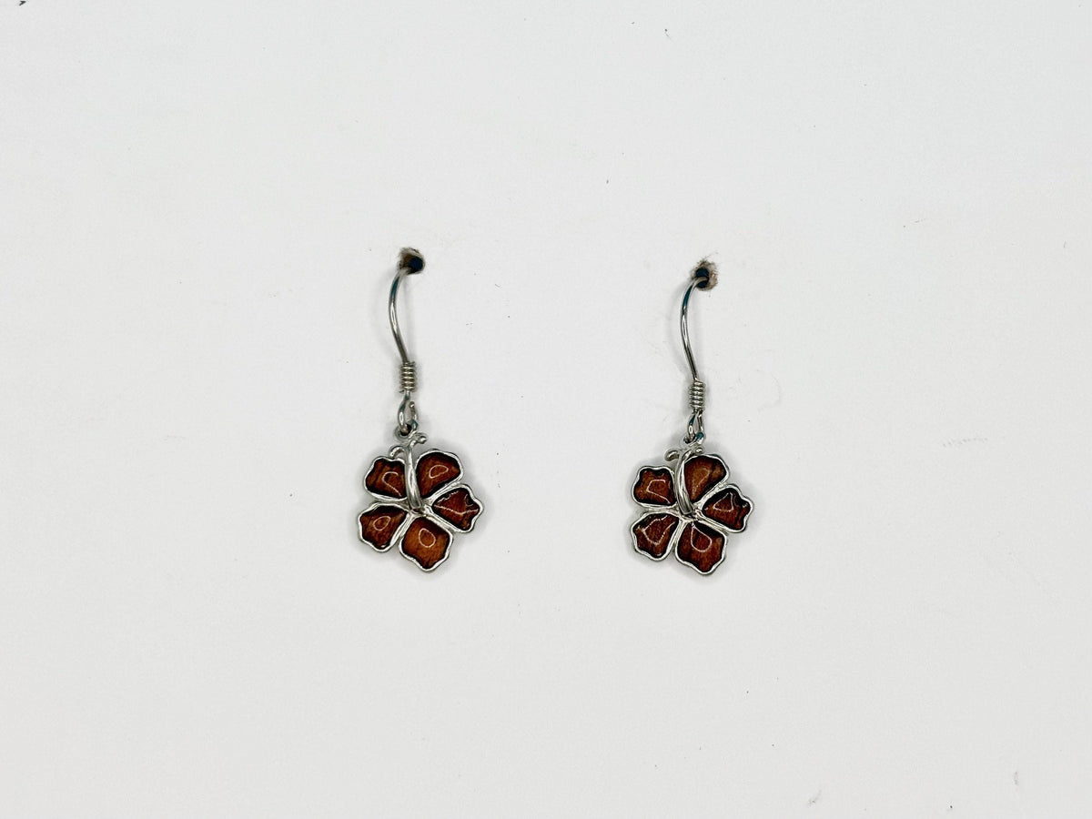 Koa Wood Hibiscus Earrings | Sterling Silver Dangle, Hawaii Jewelry