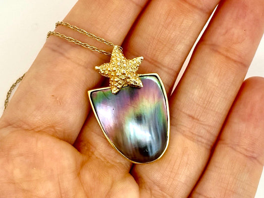 Genuine Natural Black Rainbow Shell Necklace Gold Star Pendant with 14K Solid Gold Rainbow Necklace Birthday Gift for Her Gift for Mom