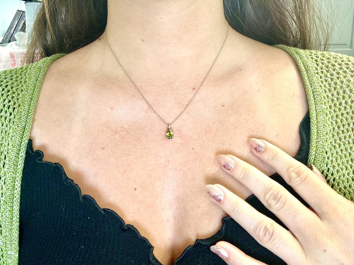 14K Solid Gold Necklace Peridot Pendant Hawaiian Diamond Peles Tears - Birthday Gift for Her Gift For Mom Green Necklace Peridot Necklace