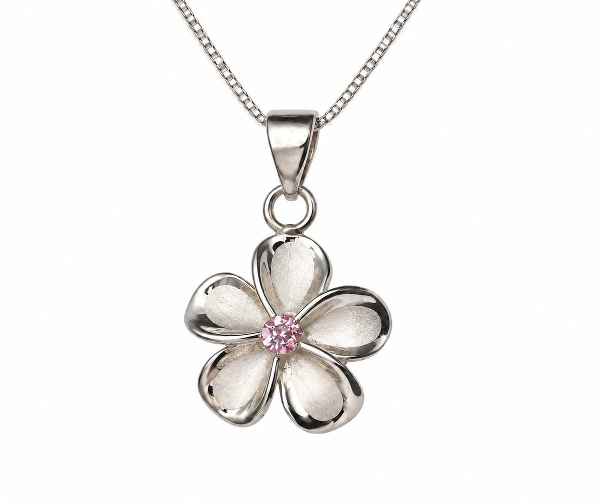 Plumeria Flower Necklace, Pink Cubic Zirconia, 925 Sterling Silver, gift for her, mothers day gift, gift for mom – handmade Hawaiian jewelry, Island Goddess Jewelry