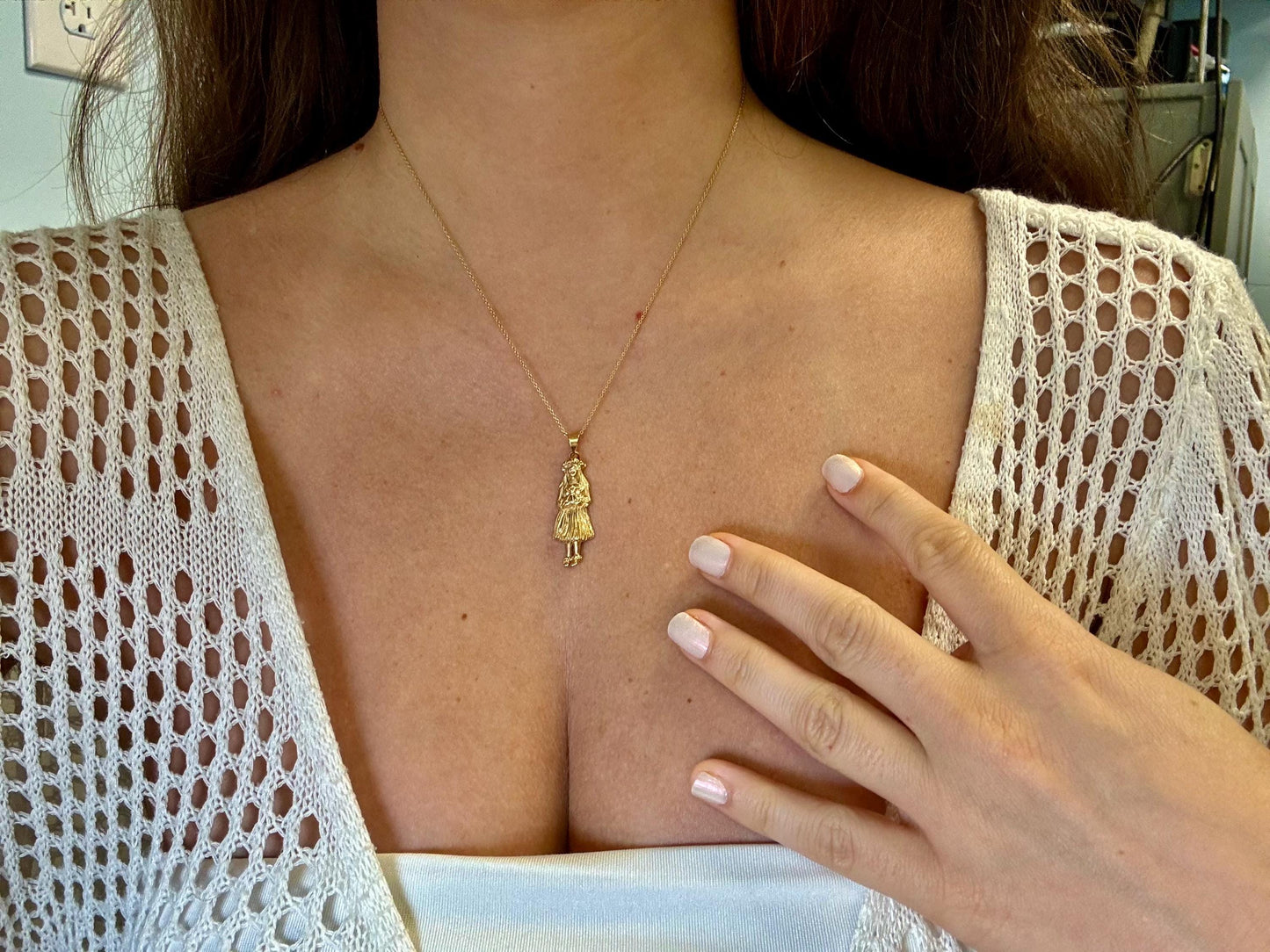 14K Solid Gold Hawaiian Hula Girl Pendant Hula Girl Necklace Gold Pendant Birthday Gift for her Gift for Mom Flower Necklace