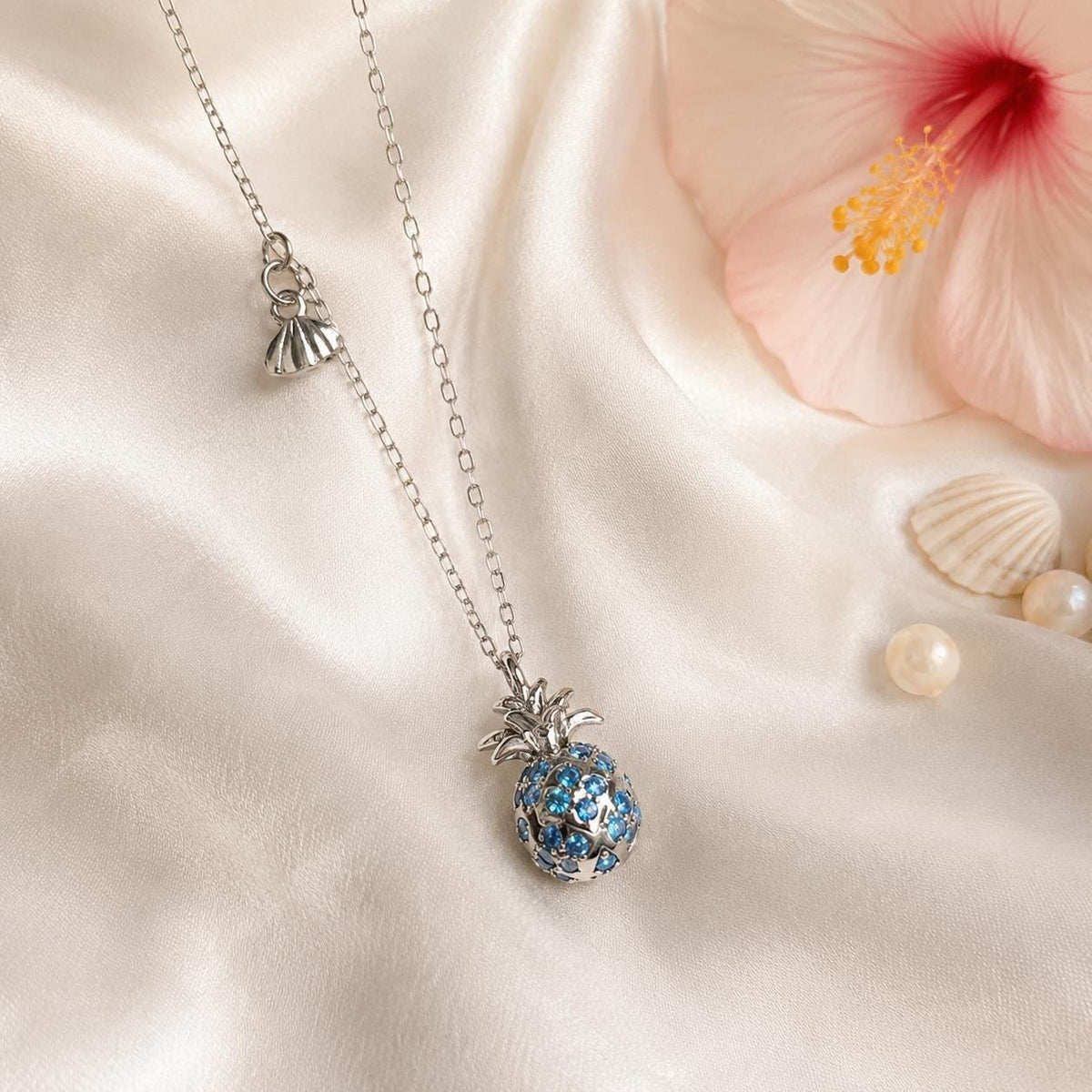 Pineapple Pendant Necklace, Shell Charm, Blue Topaz Gift For Her, hawaii, mothers day gift, gift for girlfriend – handmade Hawaiian jewelry, Island Goddess Jewelry