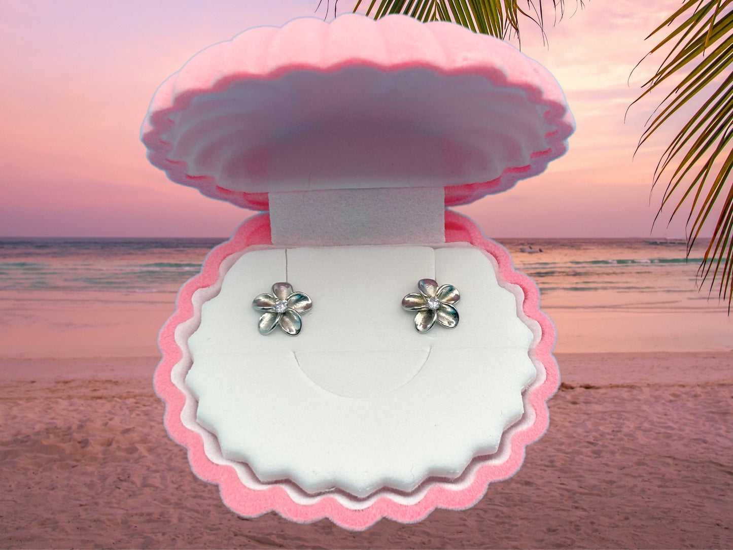 Hawaiian 925 Sterling Silver Rhodium Plated Plumeria Stud Earrings Cute Gift for Wife Flower Mom Girlfriend sister Stone shiny CZ