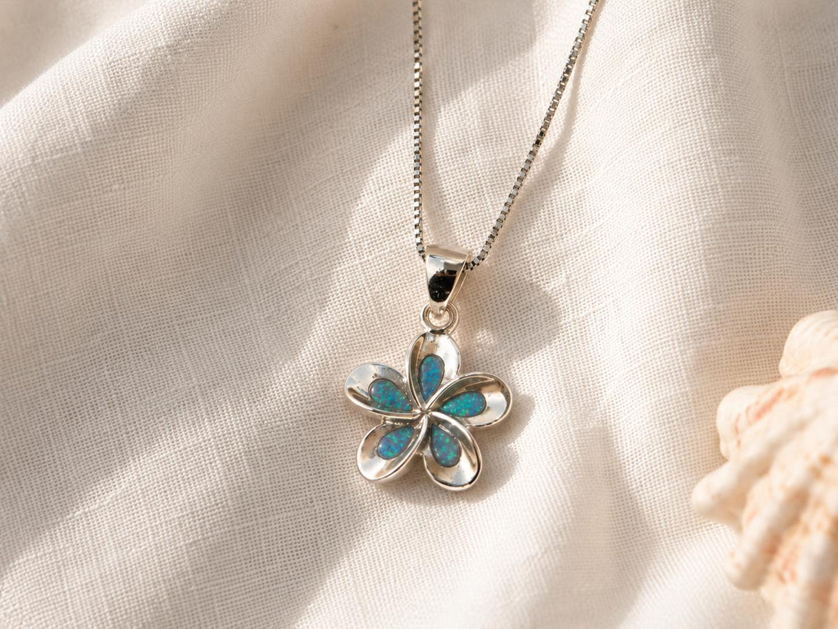 Blue Opal Plumeria Necklace, Sterling Silver Flower Pendant Jewelry, gift for her, mothers day gift, gift for mom – handmade Hawaiian jewelry, Island Goddess Jewelry