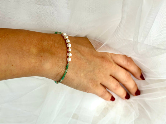 Aquamarine Pearl Bracelet – Adjustable Gold Stainless Steel Birthstone March Gift