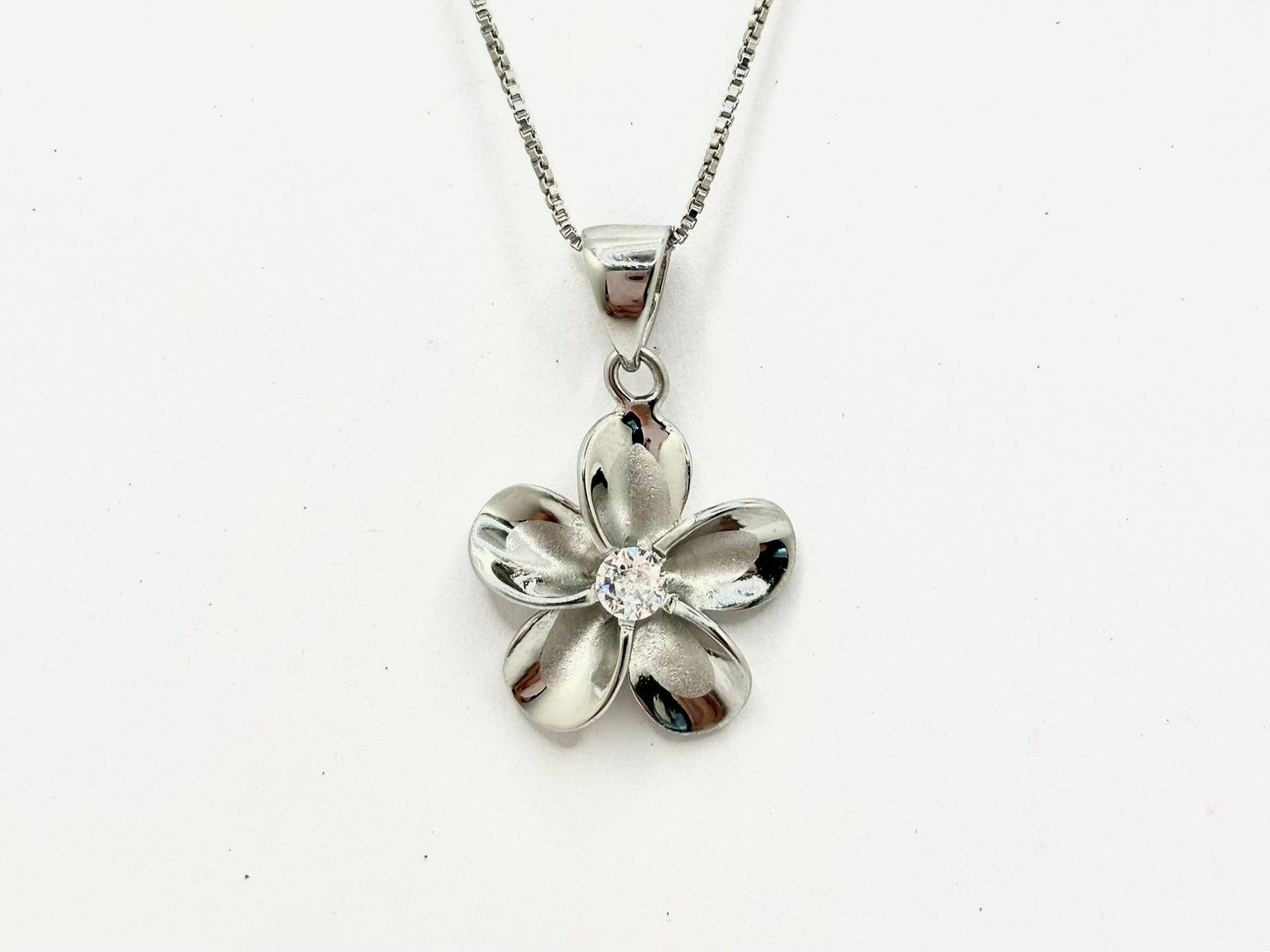 Hawaiian Plumeria Flower 925 Sterling Silver Tarnish Free Necklace with chain Cute Valentines Gift for her Wife Romantic Girlfriend Stone CZ