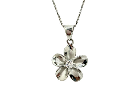 Plumeria Flower Necklace – Sterling Silver Pendant With Cubic Zirconia Sparkle