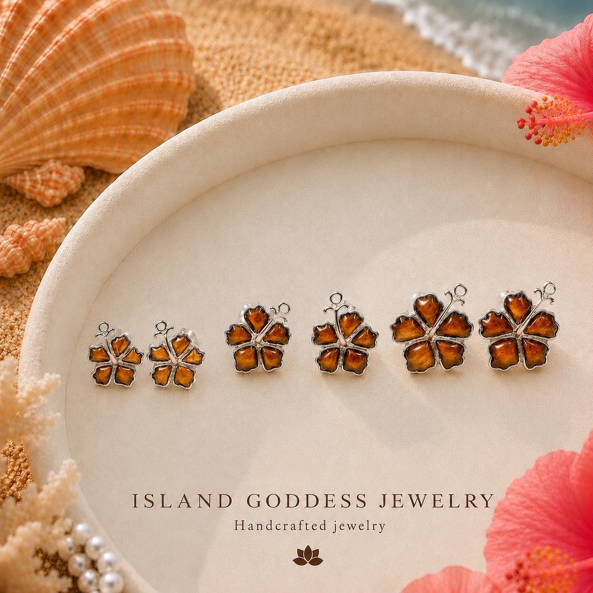 Koa Wood Hibiscus Earrings | 925 Sterling Silver Studs, Gift Box, hawaii, demi fine jewelry, flower stud earrings – handmade Hawaiian jewelry, Island Goddess Jewelry