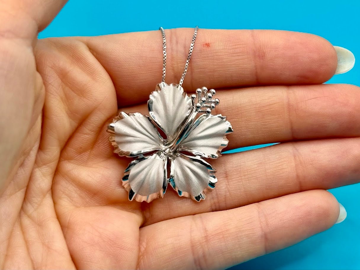 Hawaiian Hibiscus Flower elegant Necklace 925 Sterling Silver large Rhodium Plated with chain Cute Gift for Mom Mother Wife Girlfriend