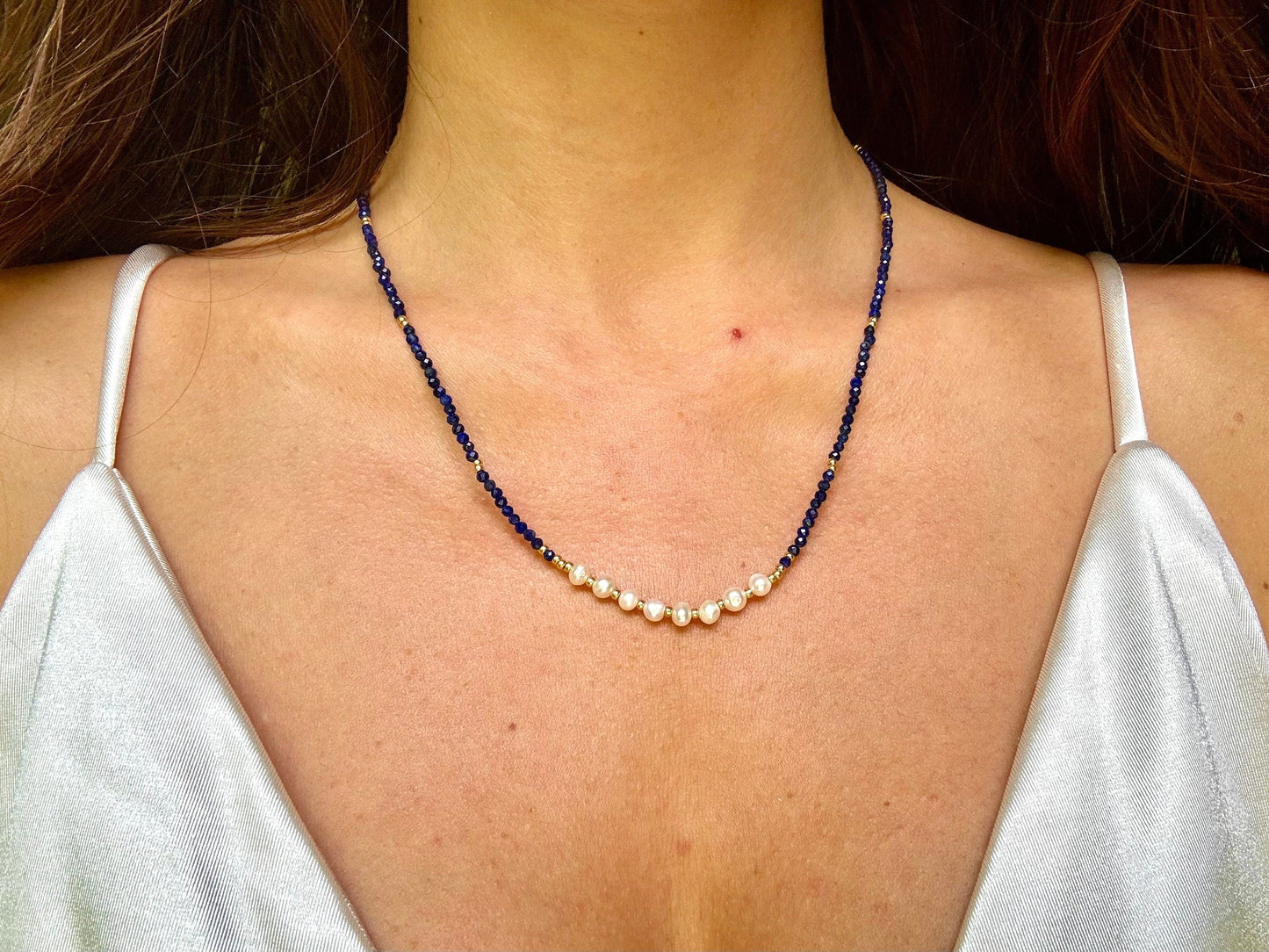 Healing Crystal December Birth Stone Necklace Genuine Freshwater White Pearl Lapis Lazuli Necklace Adjustable Tarnish Free Cute Gift For Her