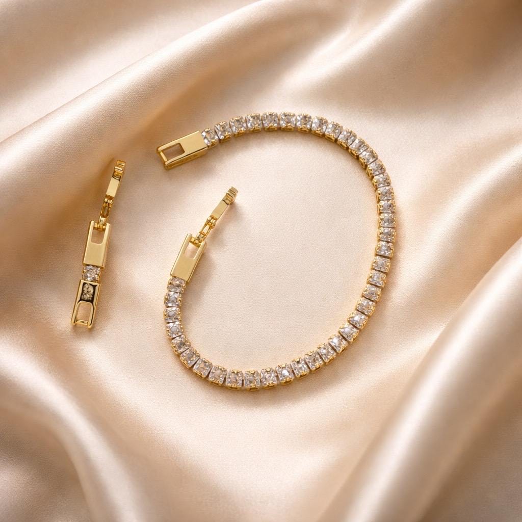 Dainty Tennis Bracelet – Adjustable Gold Stackable Bracelet With Sparkling Cubic Zirconia