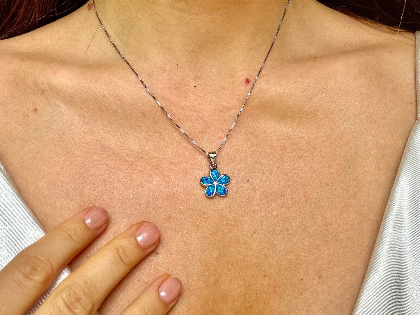 Hawaiian Plumeria Flower Necklace 925 Sterling Silver Tarnish Free Blue Opal Necklace and chain Gift for her Oceanlover Wife daugther Mom