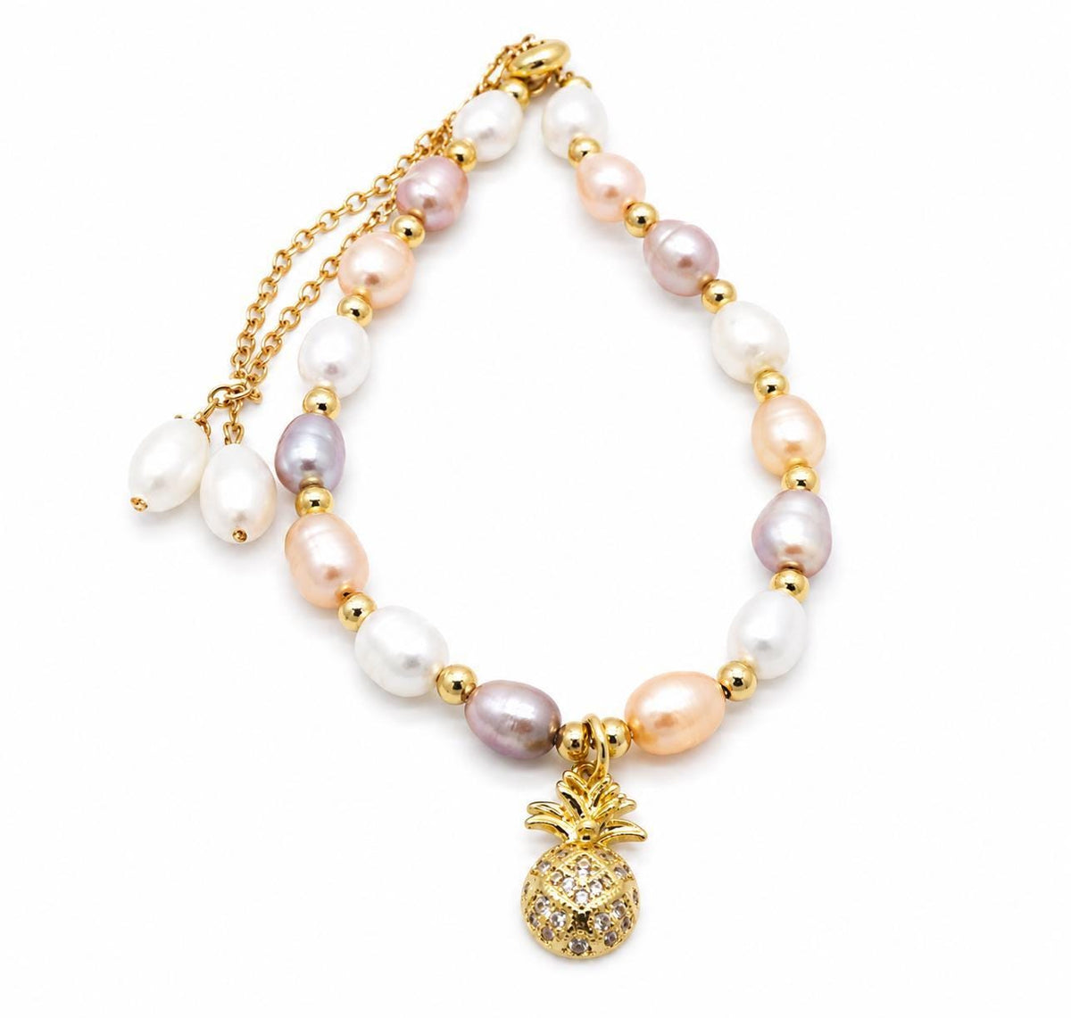 Multi Color Pearl Bracelet, Custom 3 Color With Pineapple Charm, bridal, wedding, hawaii – handmade Hawaiian jewelry, Island Goddess Jewelry