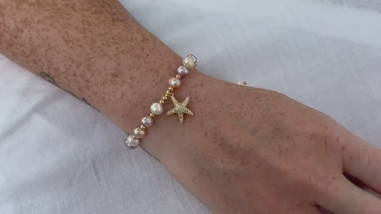 Tri-Color Pearl Bracelet with Shell Charm