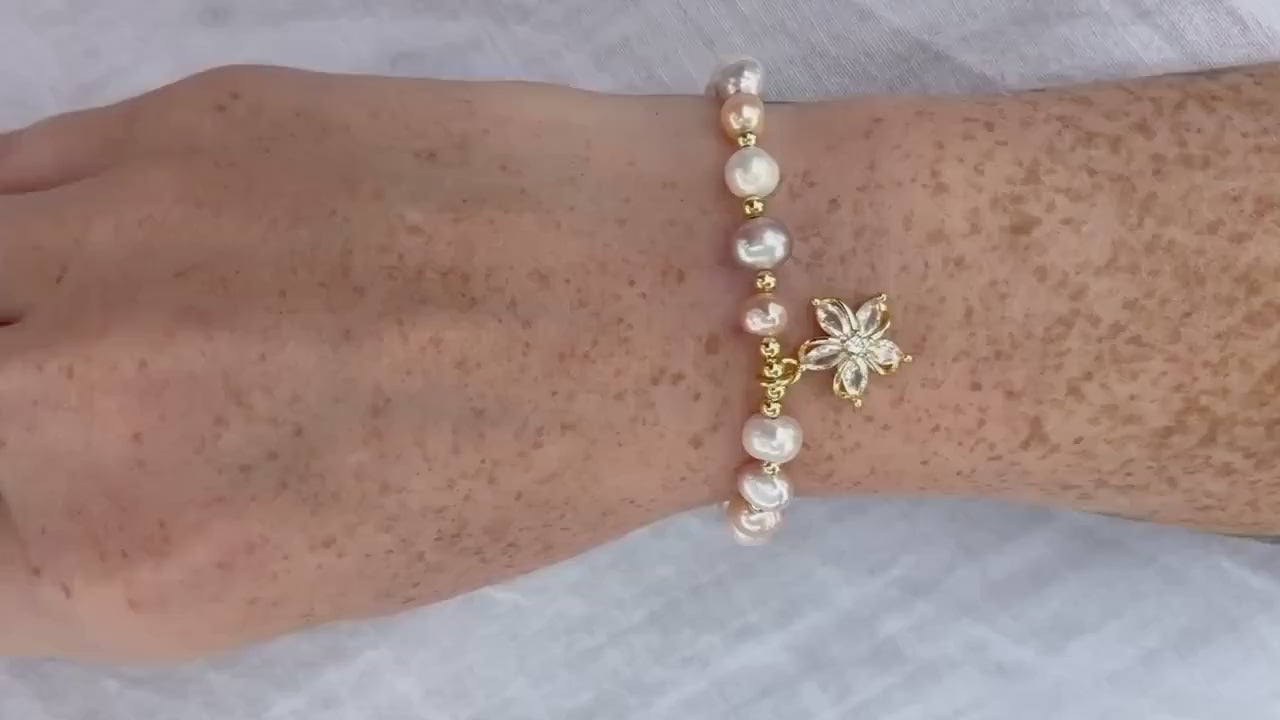 Tri-Color Pearl Bracelet with Flower Charm